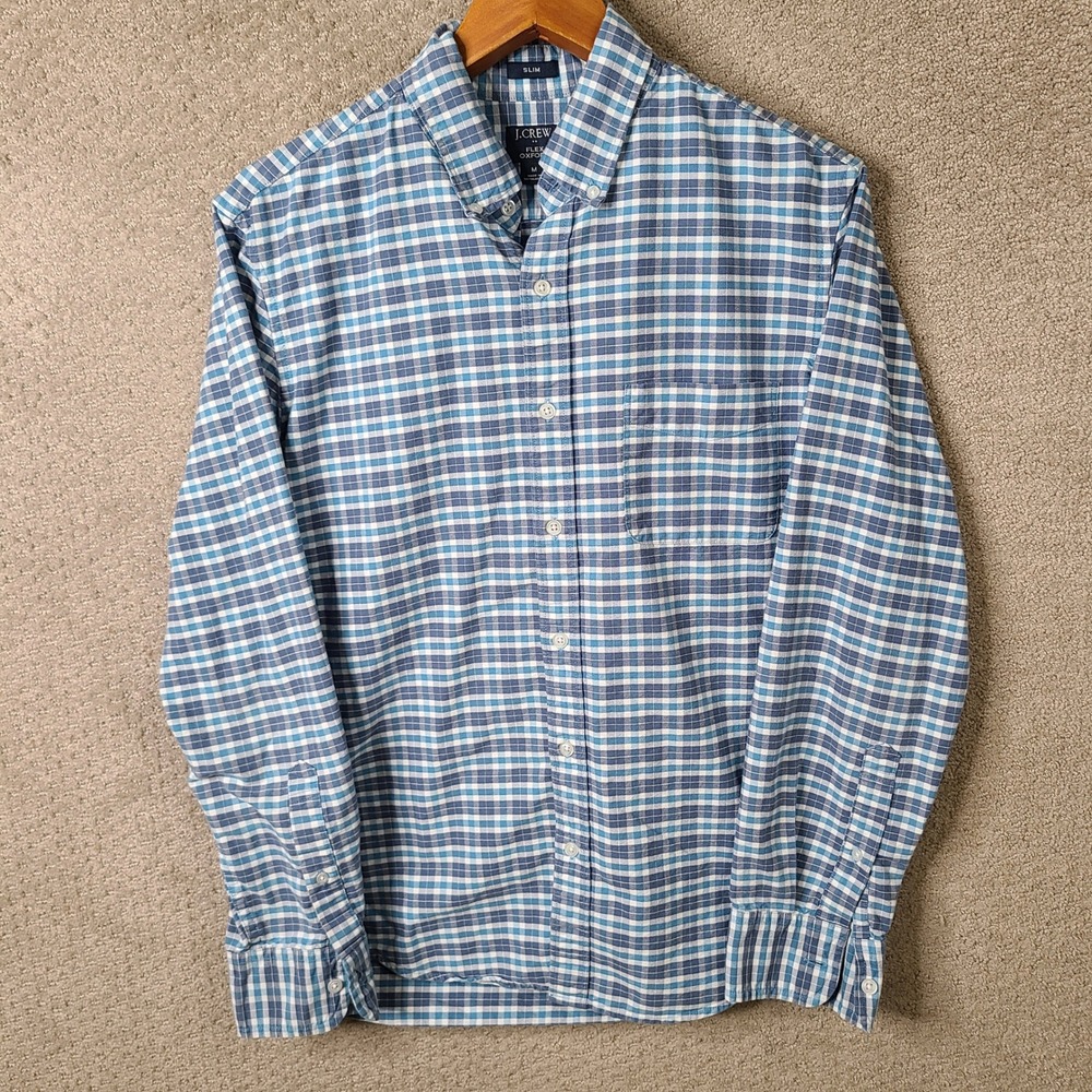 J Crew Shirt Mens M Blue Plaid Slim Fit Button Down Flex Oxford Cotton Casual